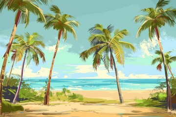 Obraz premium paradise beach illustration showcasing palm trees and mountains in flat design