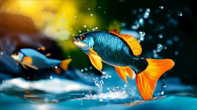 fishes jumping and clean water flow splashes