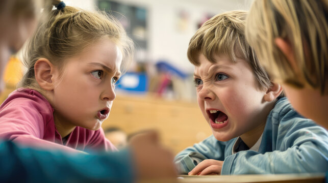 In classroom two kids are engaged in a heated argument with aggressive behavior