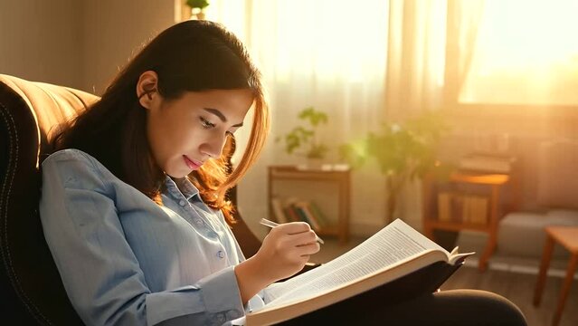 A close-up shot of a female student sitting comfortably in an armchair, deeply engrossed in reading a book while studying for her final exam at university. She appears focused and relaxed