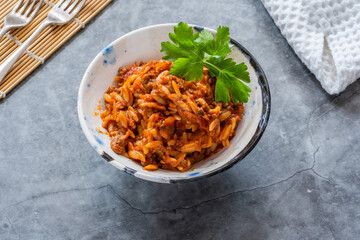 Orzo pasta bolognese with meatless quorn mince