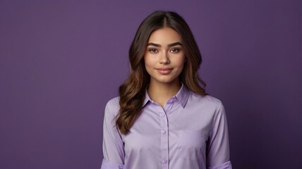 Fototapeta premium The portrait of a lovely young girl looks space wearing a shirt isolated on a purple color background
