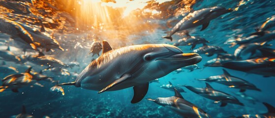 Fototapeta premium Dolphin hunting fish in the ocean, showcasing intelligence and teamwork skills Photo Stock Concept 