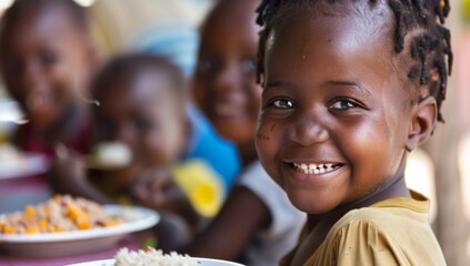 Close up of happy African children eating fruit and vegetables in school, school meals, provide meals to the hungry kids in Africa