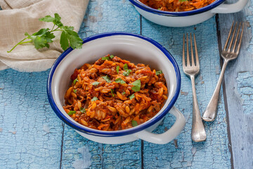 Orzo pasta bolognese with meatless quorn mince
