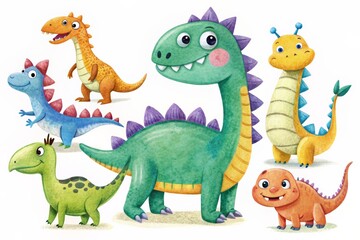 Three happy cartoon dinosaurs in a prehistoric landscape with a colorful sunset sky, featuring stars and lush vegetation.