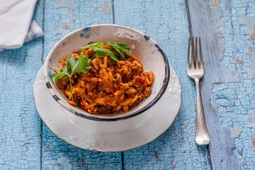 Orzo pasta bolognese with meatless quorn mince