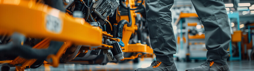 auto mechanic fixes a car standing at the hood, maintenance man fixing a car brakes, a mechanic at work, wearing a navy blue work suit and a cap. He is focused on repairing a machine