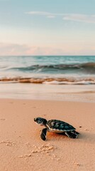 Obraz premium A baby sea turtle walks on the sandy beach towards the ocean at sunrise