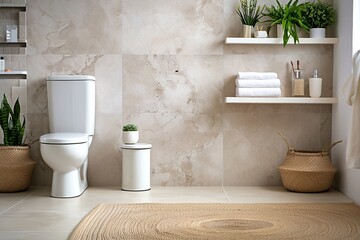 Modern minimalist bathroom white-beige walls, concrete floor, white sink, wooden vanity, plants, and accessories.
