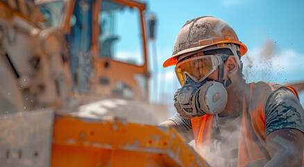 Obraz premium A construction worker wearing a hard hat, safety goggles, and a respirator works on a busy construction site. The background shows construction machinery, the active and industrial environment.