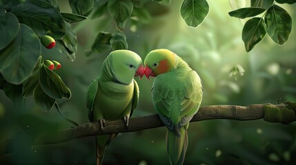 Two green parakeets sit on a branch in a lush forest, facing each other and possibly kissing. Sunlight filters through the tree leaves, creating a stunning bokeh effect