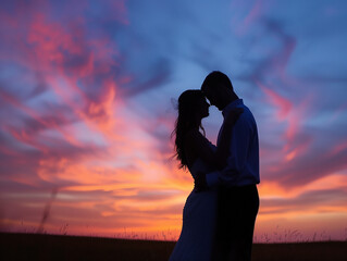 A silhouette of a couple against a vibrant sunset sky, sharing an intimate embrace or kiss, evoking romance and togetherness in the tranquility of nature’s colorful backdrop