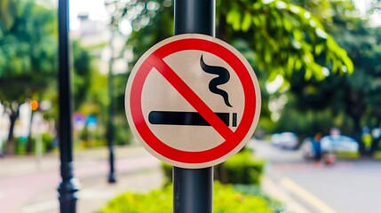 No Smoking Sign on a Pole Outdoors on a Bright Day in a Park Setting with Trees Blur Background