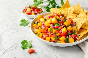 Fresh mango salsa and nachos in a bowl on white background