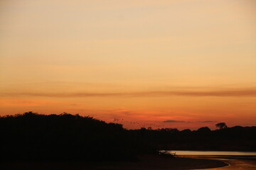 Fototapeta premium pôr do sol no rio cercado de floresta em Iranduba, Amazonas