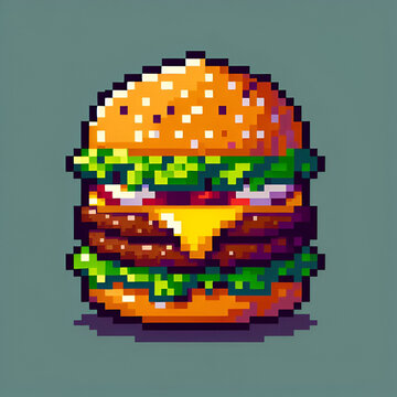 pixel art burger with vibrant colors on a solid background. Perfect for digital art enthusiasts.