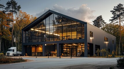 Obraz premium A black modern warehouse with glass facade at blue hour, wide angle, exterior view, photo realistic, cinematic light, sony alpha camera