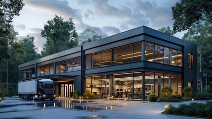 Obraz premium A black modern warehouse with glass facade at blue hour, wide angle, exterior view, photo realistic, cinematic light, sony alpha camera