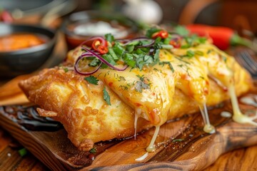 Fried cassava with melted cheese and chili on a cutting board