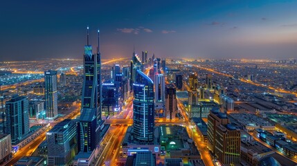 Obraz premium Urban landscape from the heights of skyscrapers at dusk