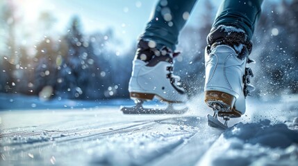 Detailed view of a skater's blade slicing through ice, capturing precision and fluidity of motion. AI Generative.