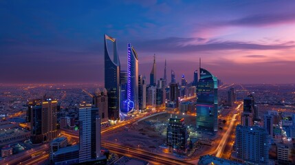 Fototapeta premium Urban landscape from the heights of skyscrapers at dusk