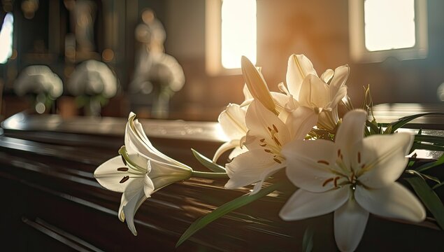 Funeral Flowers on Coffin in Church