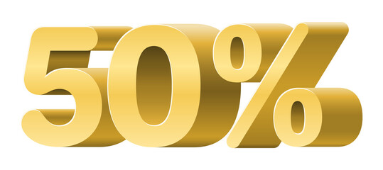 Golden 50% Discount Sign on Transparent Background for Sales Promotion.