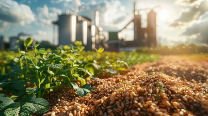 Fototapeta premium Alternative animal feed: distillers grains, clover, oats, and single-cell protein being mixed, hyper realistic, sustainable farming