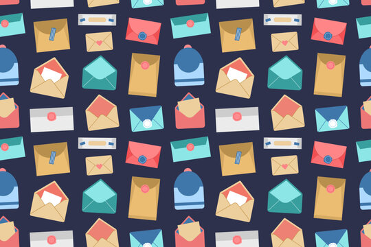 Seamless pattern with various mail envelopes. Vector background for postal delivery. Flat design. Letters texture