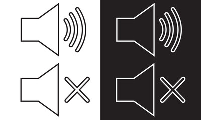 Speaker audio icon set. Volume voice control on off mute symbol. Flat application interface sound sign button. Vector illustration image. Isolated on white and black background. EPS 10