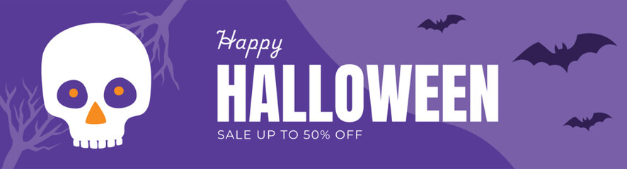 Happy Halloween banner background color purple. halloween skull and bat, vector illustration