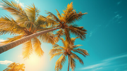 Palm trees reaching towards a vibrant blue sky with sunlight filtering through. Tropical and warm ambiance.