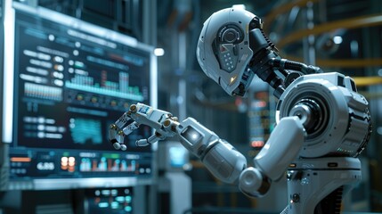 A robot factory with robots working on a blue screen. The robots are all different sizes and are working together. Scene is futuristic and industrial