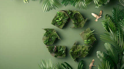 Recycling symbol made of plants with tropical leaves