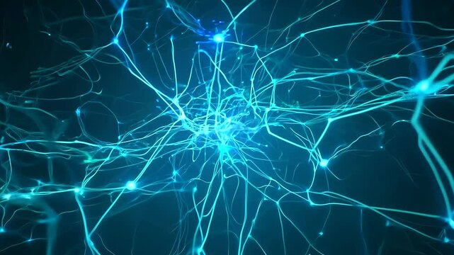 A stunning macro cinematography scene that takes viewers on a journey through a neuron cell network inside the brain. A techno blue color palette, with electric impulses passing 