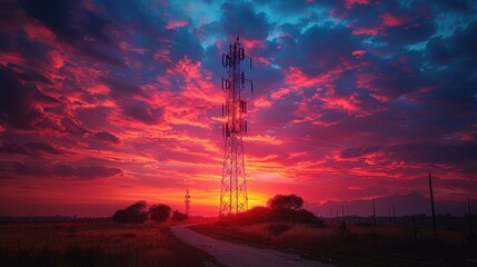 high-voltage power lines at sunset,high voltage electric transmission tower