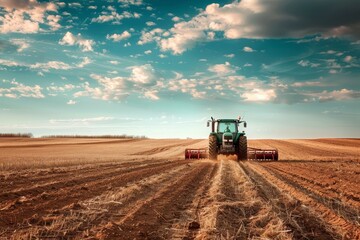 Naklejka premium Green tractor plowing field under cloudy sky