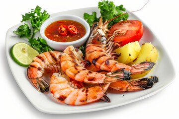 Grilled 5 black tiger shrimps with potatoes and fresh veggies served with chili seafood sauce on a white plate