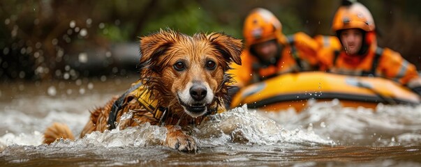 Rescue dogs helping in search and rescue operations in flood-affected areas, emphasizing animal roles in emergencies