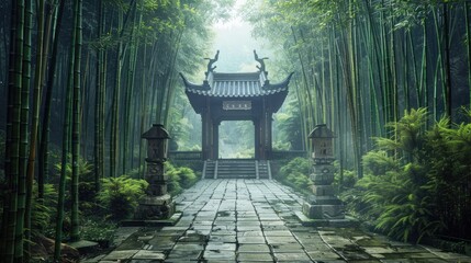 Obraz premium A peaceful shrine surrounded by tall bamboo trees and a stone pathway leading to it