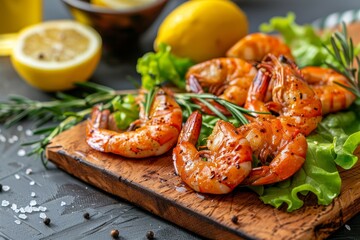 Grilled shrimp with seasoning on wooden board seafood with rosemary lemon and lettuce