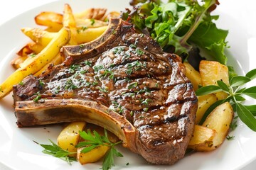 Grilled T bone steak with fries and salad dressed with herbs on white plate