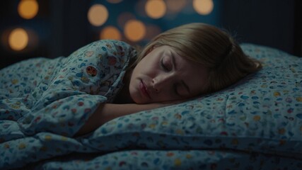 Obraz premium A woman peacefully sleeping in a cozy bed with patterned bedding, illuminated by soft, warm lights in the background. 