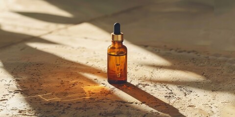 Amber glass dropper bottle casting shadows on a textured surface.