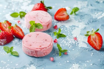 Handmade strawberry candy with fresh strawberries on a pale blue surface