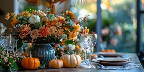 Elegant fall-themed table setting with pumpkins and floral centerpiece.