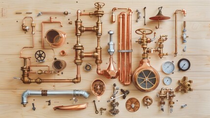 A frame composed of various plumber's items arranged on a light wooden background