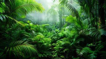 Lush Tropical Rainforest with Diverse Plant Species, Sunlight Streaming Through the Canopy